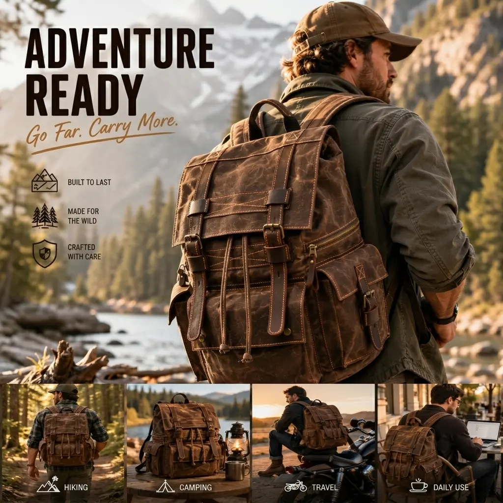 Men's Retro Waxed Canvas Laptop Backpack - Waterproof, Large-Capacity, Adjustable Shoulder Strap, Large Pockets, Casual Plain Bag for College, Work, Perfect Gift for Fathers, 15.3"(l)x3.9"(w)x17.7"(h) Laptop Shoulder Handbag