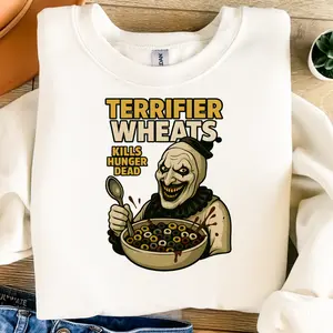 Terrifier Wheats Parody Sweatshirt – Funny Horror Cereal Box Mashup with Evil Clown | Fan Art Tee for Spooky Season & Halloween