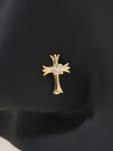 Fashion L-Shaped Nose Studs, Shiny Cz Cross Design, Sexy Floral Pattern, Stainless Steel Material, Available in Silver & Gold Colors