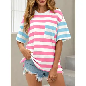 Womens Oversized Color Block Striped Tshirts Summer Casual Short Sleeve Tops Loose Fit Crew Neck Shirts