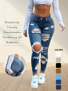 Women's High-Waisted Ripped Skinny Jeans, ElasticVintage Design, Butt Lift, Casual Fashion, Daily Wear,Sporty Style