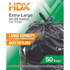 HDX 50 Gallon Black Extra Large Trash Bags with 20% PCR (50-Count), Recycled Plastic, Premium 11 mm Thick Material for Heavy Duty Residential and Commercial Use, Fits 45-55 Gallon Cans, Ideal for Schools, Parks, Stadiums, Cleanups and Storage.