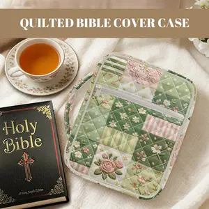 Vintage Floral Patchwork Quilted Bible Cover Case, Cute Flower Bible Bag with Handle & Zipper Pockets, Durable Bible Protector for Women, Christian Gift for Church, Bible Study, Travel, Fits Standard Holy Bible Cottagecore Floral Quilted Bible Cover