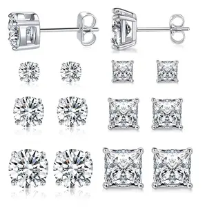6 Pairs Stud Earrings Set 3mm/5mm/7mm Princess & Round Cubic Zirconia Earrings Hypoallergenic 316L Surgical Stainless Steel CZ Earrings for Women Men
