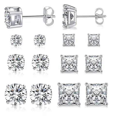 6 Pairs Stud Earrings Set 3mm/5mm/7mm Princess & Round Cubic Zirconia Earrings Hypoallergenic 316L Surgical Stainless Steel CZ Earrings for Women Men