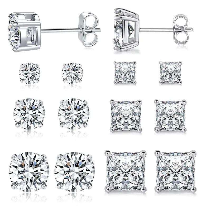6 Pairs Stud Earrings Set 3mm/5mm/7mm Princess & Round Cubic Zirconia Earrings Hypoallergenic 316L Surgical Stainless Steel CZ Earrings for Women Men