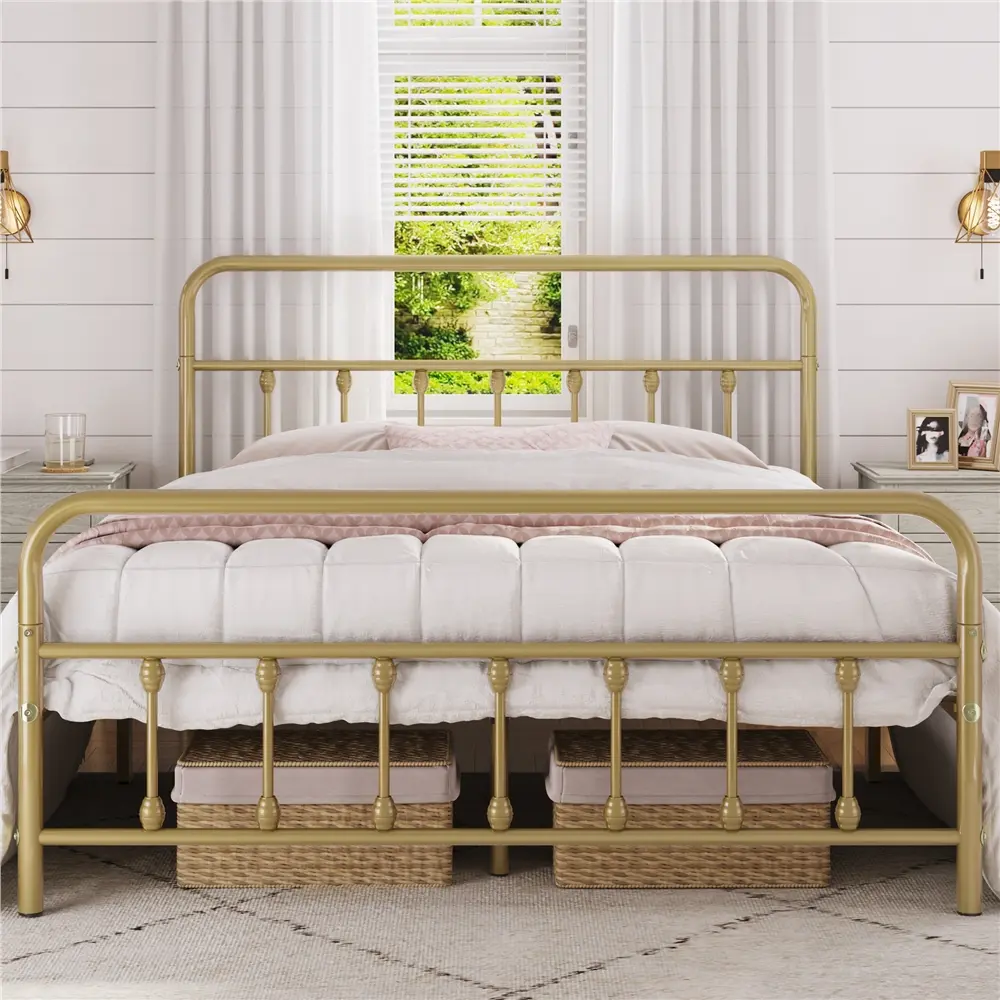 Yaheetech Classic Iron Platform Bed with High Headboard and Footboard, Strong Metal-Framed Bed with Storage, Antique Gold, Bed Frames With Storage, Decorative Iron Headboard