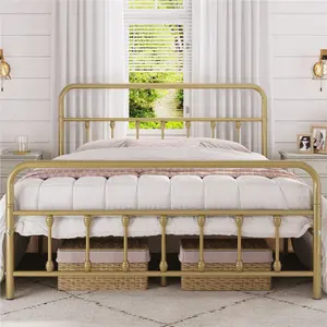 Yaheetech Classic Iron Platform Bed with High Headboard and Footboard, Strong Metal-Framed Bed with Storage, Antique Gold