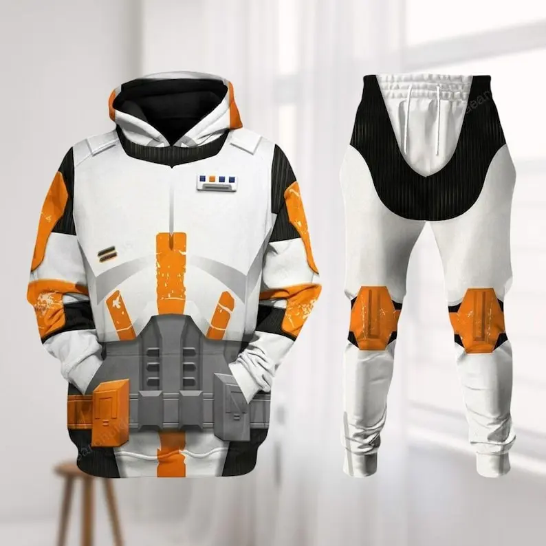 Orange White Space Commander Hoodie and Jogger Set, Futuristic Clone Trooper Inspired Pullover Sweatshirt with Matching Jogger Pants, Galactic Soldier Cosplay Outfit, Sci-Fi Halloween Fan Gift