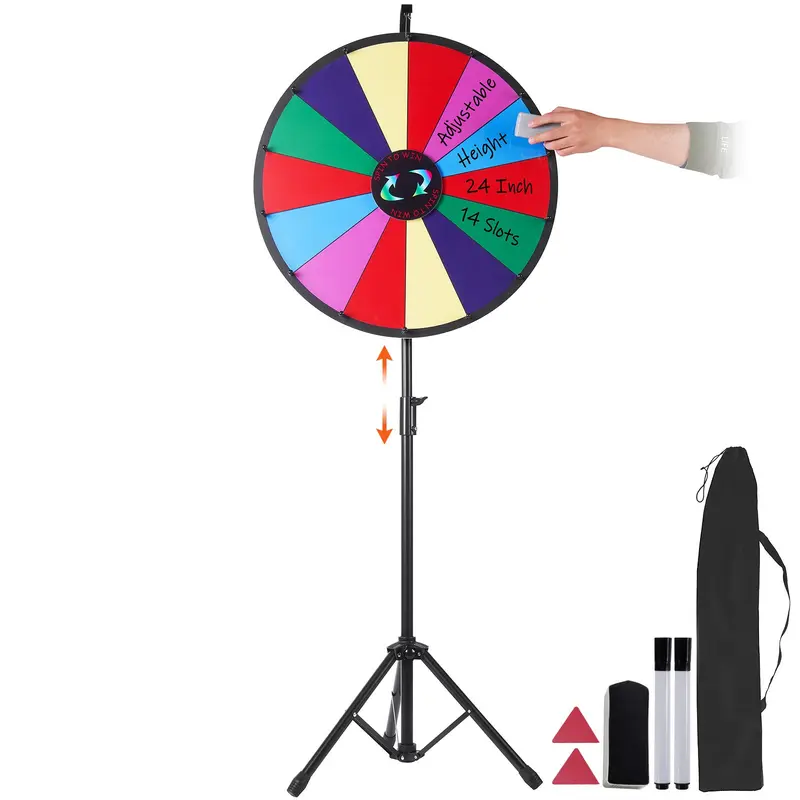 24 inch Spinning Prize Wheel, 14 Slots Spinning Wheel with Height Adjustable Stand, Roulette Wheel with a Dry Erase, and a Storage Bag, Win Fortune Spin Games in Party Pub Trade Show Carnival