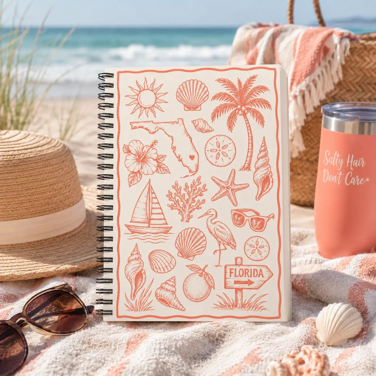 Florida Beach Spiral Notebook — Coral Sea Shells & Palm Sketch Ruled Journal