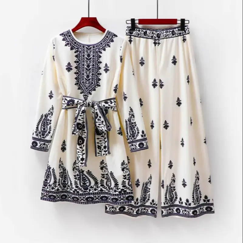 Muslim Women Ethnic Style Fashion Printed Belted Top Tunic & Palazzo Pants Set, Clothes Sets Islamic Clothing Set Round Neck Fitted Long Sleeve Blouse for Spring & Fall, Abaya Hijab Set Two Piece Set Women