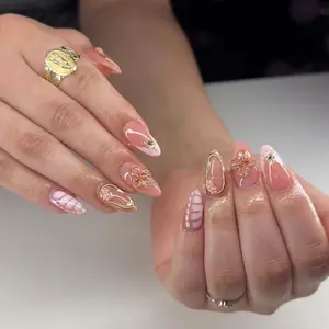 3D Floral French Press-On Nails Medium Almond Shape Fake Nails with Gold Foil Line Full Cover Embossed Flower Star Diamond French Design Acrylic Nails for Women Wedding Party Daily Nail Art Tip 24PCS