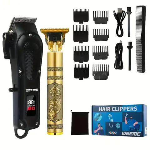 Weeme Men's Hair Clipper Set, USB Rechargeable, Includes Electric Clipper, T-Blade Trimmer, Combs, Cables, Brushes, Razor, Gift Set