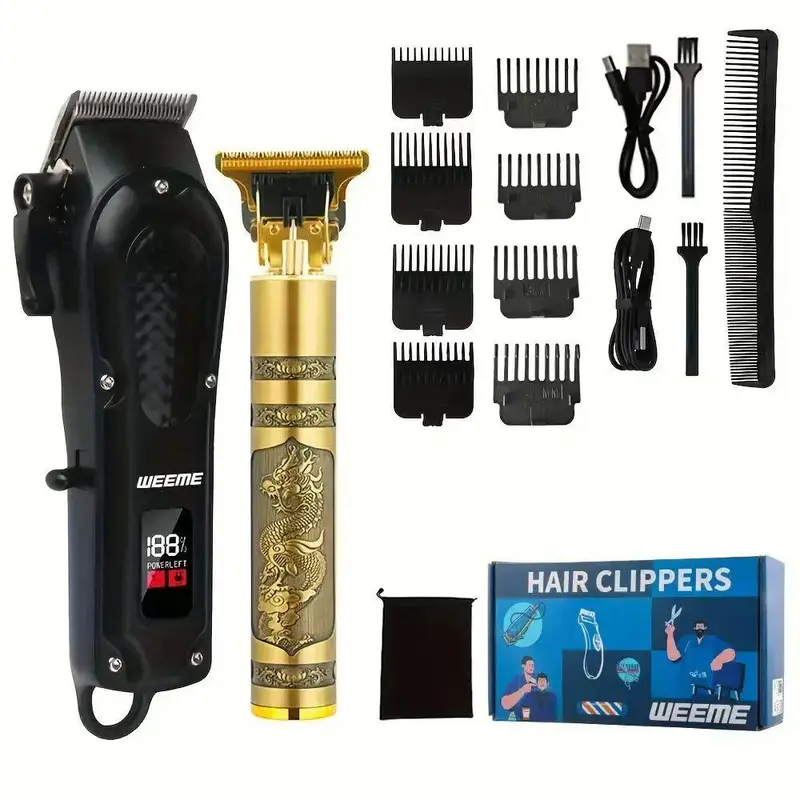 Weeme Men's Hair Clipper Set, USB Rechargeable, Includes Electric Clipper, T-Blade Trimmer, Combs, Cables, Brushes, Razor, Gift Set