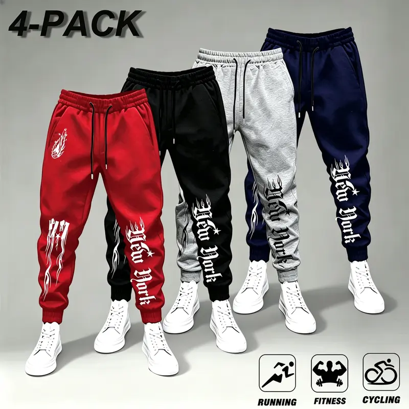 Men's New York Brand 4-Pack Cuffed Ankle Sweatpants - Male Fitness/Outdoor Joggers for Running, Adjustable Waist Elastic Drawstring, Gothic Graphic Hip Hop Streetwear in Red, Black, Gray & Navy Colors