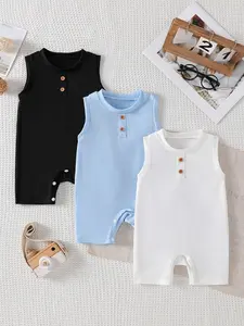 Baby Boys' Summer Onesie, Simple and Casual Style, Multicolor Sleeveless Onesie with Round Neck and Wooden Button Design + Soft Sweatband Fabric, Available in Three Colors, Perfect for Baby Boys' Birthday Gifts, Suitable for Daily Gatherings, Outings