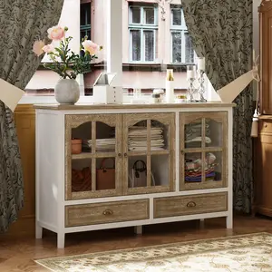 FUFU&GAGA Modern Sideboard Buffet Cabinet, Glass Doors, Drawers & Carved Design, Wood Console for Living Room, Dining Room, & Entryway