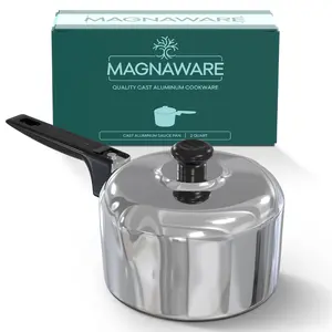 MAGNAWARE Cast Aluminum Sauce Pan with Lid 2 Quart Polished Silver Cookware for Even Heat Distribution & Moisture Retention
