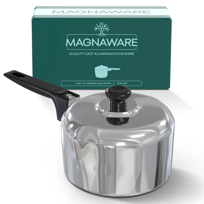MAGNAWARE 2 Quart Cast Aluminum Sauce Pan with Lid, Polished Silver Cookware for Even Heat Distribution & Moisture Retention