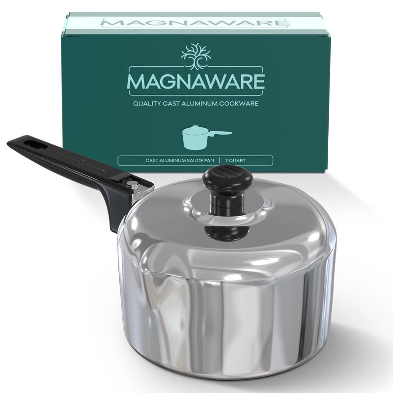 MAGNAWARE 2 Quart Cast Aluminum Sauce Pan with Lid, Polished Silver Cookware for Even Heat Distribution & Moisture Retention