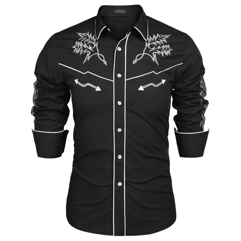 COOFANDY Men's Western Cowboy Shirt Long Sleeve Embroidered Shirt Slim Fit Cotton Casual Button Down Shirt Gift Ideas