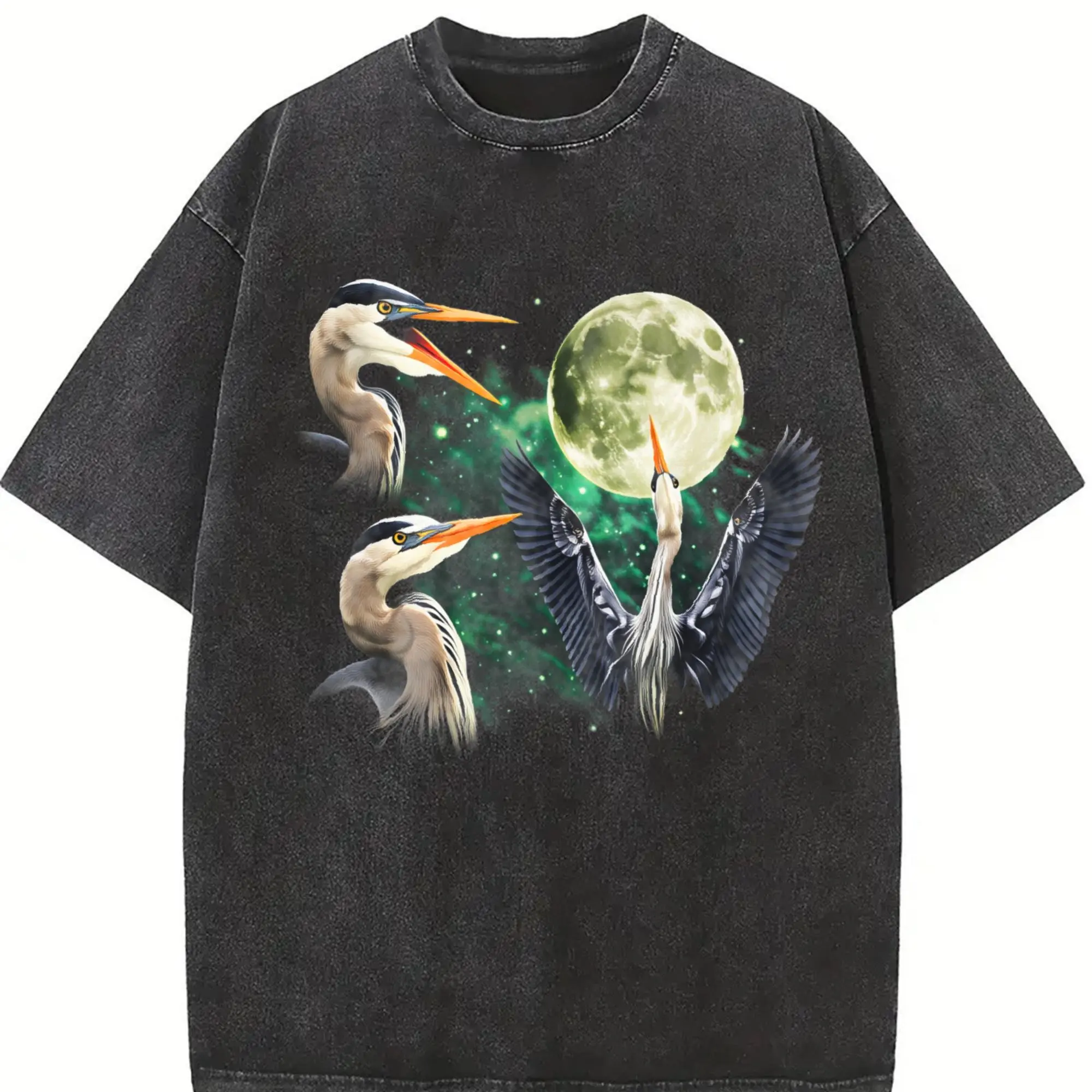 Men's Short-Sleeve Great Blue Heron Moon Vintage Graphic T-Shirt, Retro Wildlife Bird Nature Tee, Menswear Tops, Wetlands Gift, Shortsleeve