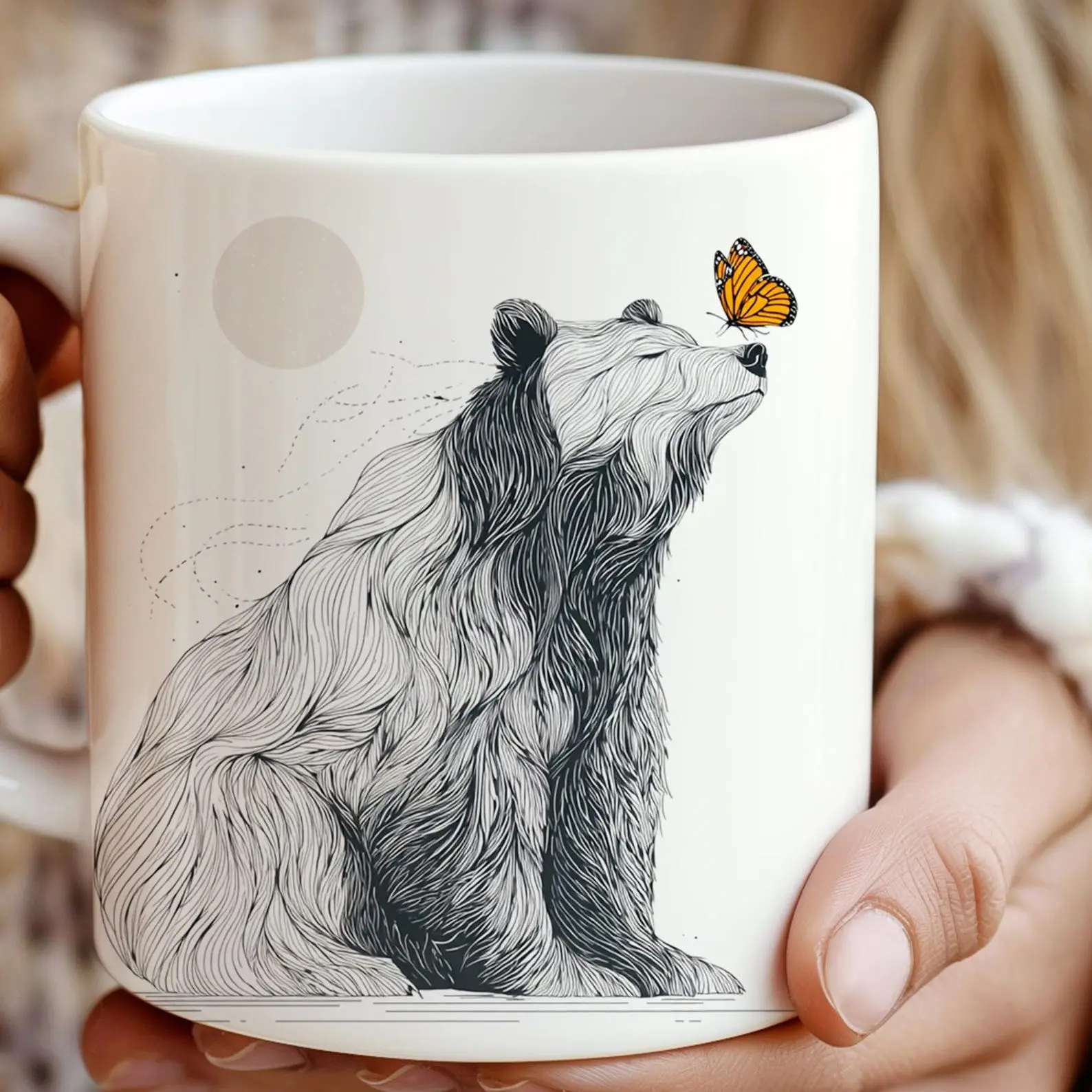 Minimalist Bear Ceramic Mug, Butterfly Coffee Cup, Animal Lover Gift, Nature Inspired Tea Mug, Wildlife Kitchen Decor, Outdoorsy Drinkware