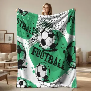 Graffiti Football Throw Blanket, Green Soccer Flannel Blanket, Soft Warm Cozy Blanket, Lightweight Fleece Blanket for Couch, Bed, Sofa, Sporty Gift Blanket for Boys, Teens, Football Fans, Bedroom & Living Room Use