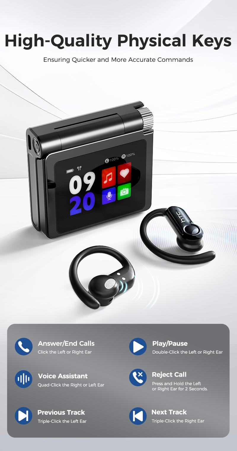 HTC Sports Earphones+ with Full-Color Smart Screen — Noise Cancellation, Brand-New Bluetooth 6.0, 35+ Hour Playtime, Ideal for Office, Sports, Study, and Audio Calls, Gifts for Men and Women