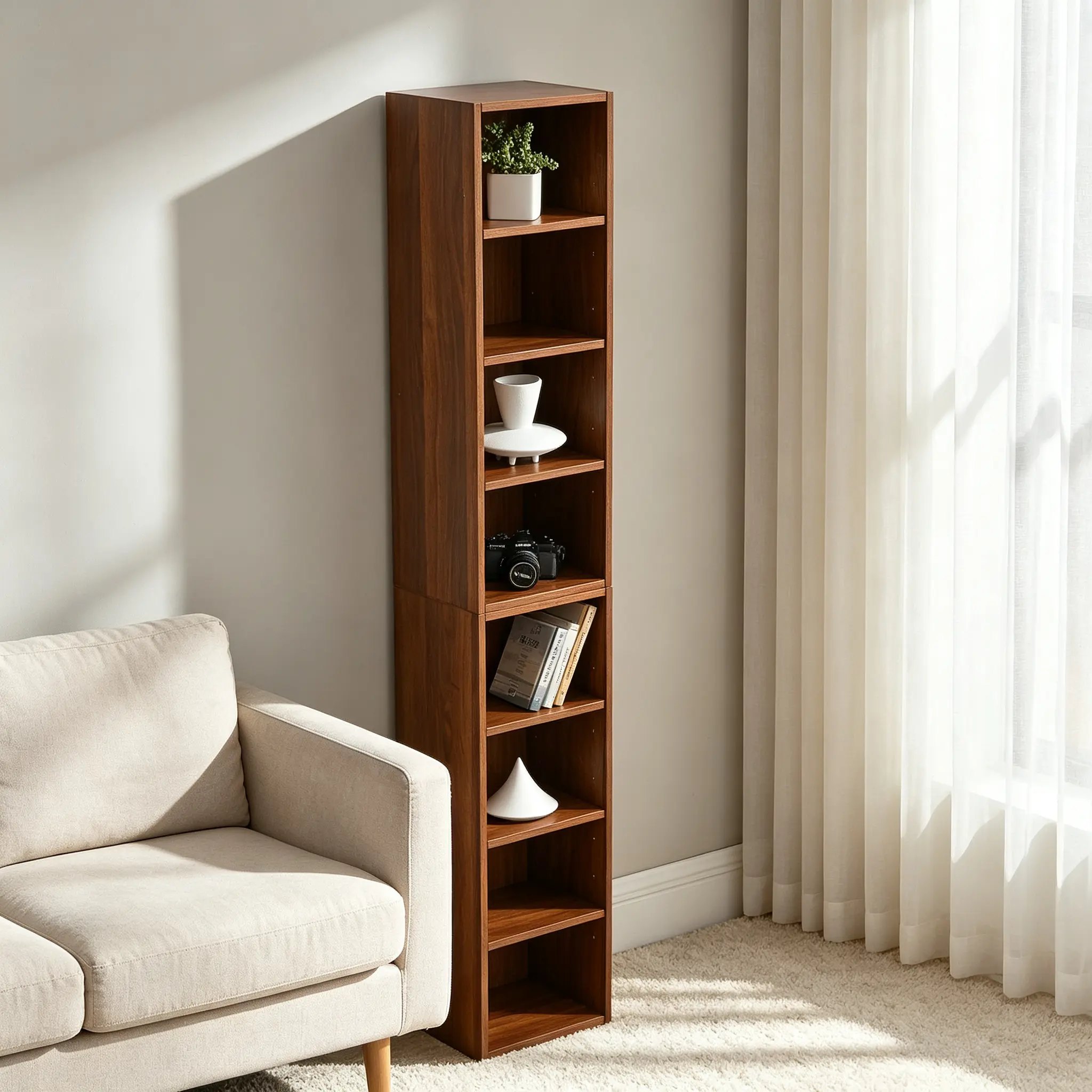8-Tier Media Tower Rack with Adjustable Shelves - Tall, Narrow, Slim Living Room Bookcase for CD/DVD Storage, Home Office Display Shelf