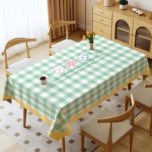 Green White Checkered Tablecloth, Waterproof & Oil - proof Polyester Table Cover, Thickened Washable for Family Home & Outdoor Use, Ideal for Camping/Anniversary/Graduation/Thank You Gift, with Floral Decor & Yellow Trim