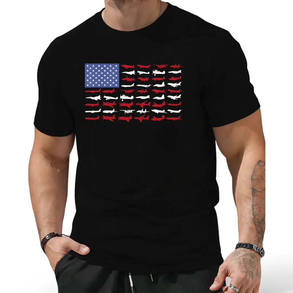 Men's 100% Cotton T-Shirt - Aviation-Themed American Flag with Aircraft (Fighter Jets, -17s, -24s) - Relaxed Fit All-Season Casual Wear, Ideal 4th of July & Veterans Day Group Gift for Pilots & Veterans