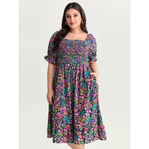 BLOOMCHIC Women's Plus Size Bohemian Polyester Garment Casual Wear Dress - Short-Sleeve, Shirred, Multicolor Playful Floral Print, Smooth Fabric, Pocketed, Fluid-Fit Midi Dress for Summer, Swimweek