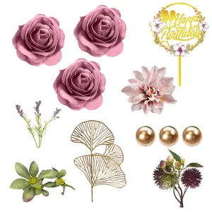 Flower Cake Topper – Happy Birthday Cake Topper with Artificial Purple Rose Flowers & Eucalyptus Leaves – Elegant Floral Cake Decoration for Wedding, Birthday, Baby Shower, Anniversary – Reusable Silk Flower Pick for Cakes (Purple)