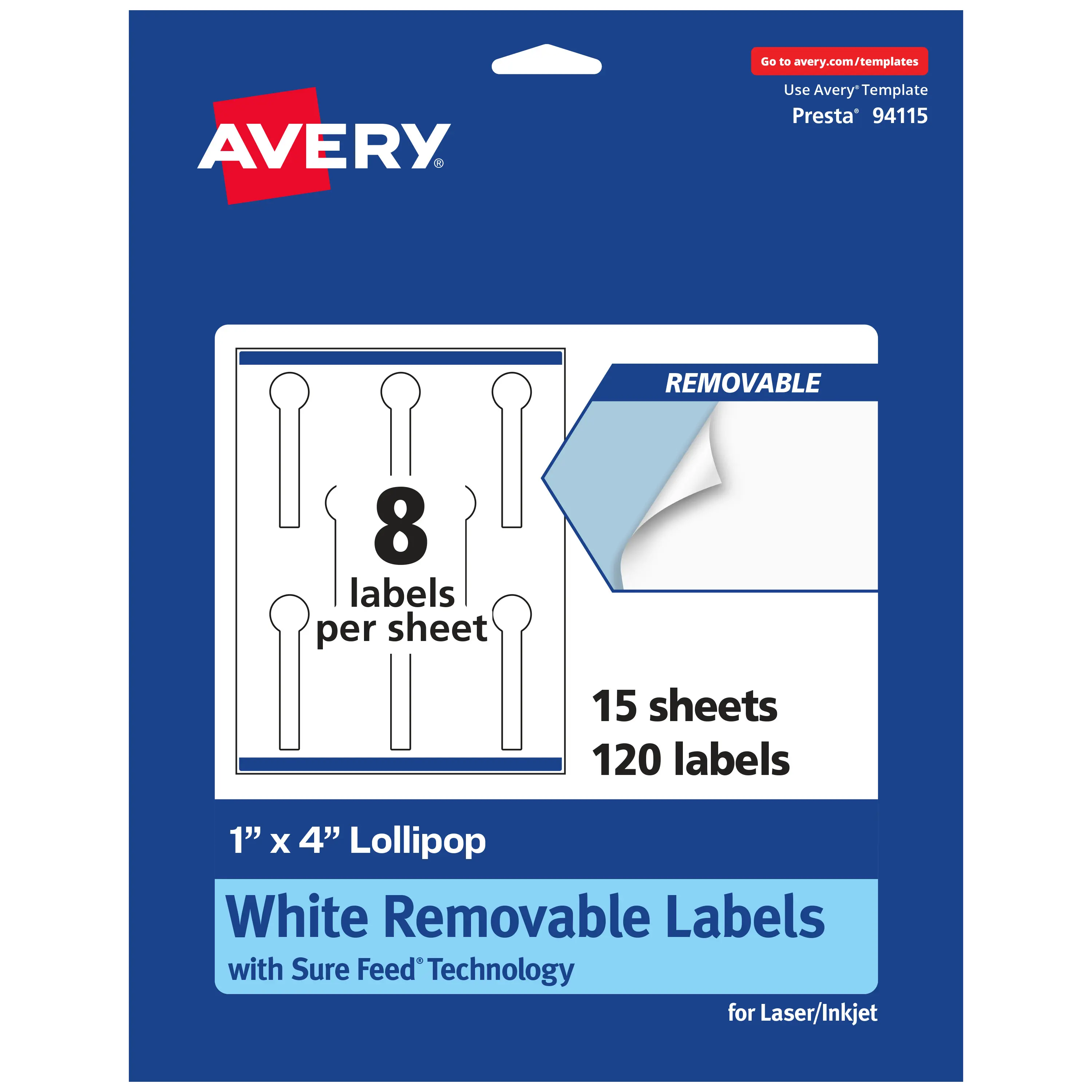Avery Matte White Removable Lollipop Labels with Sure Feed Technology, Print-to-the-Edge, 1" x 4"