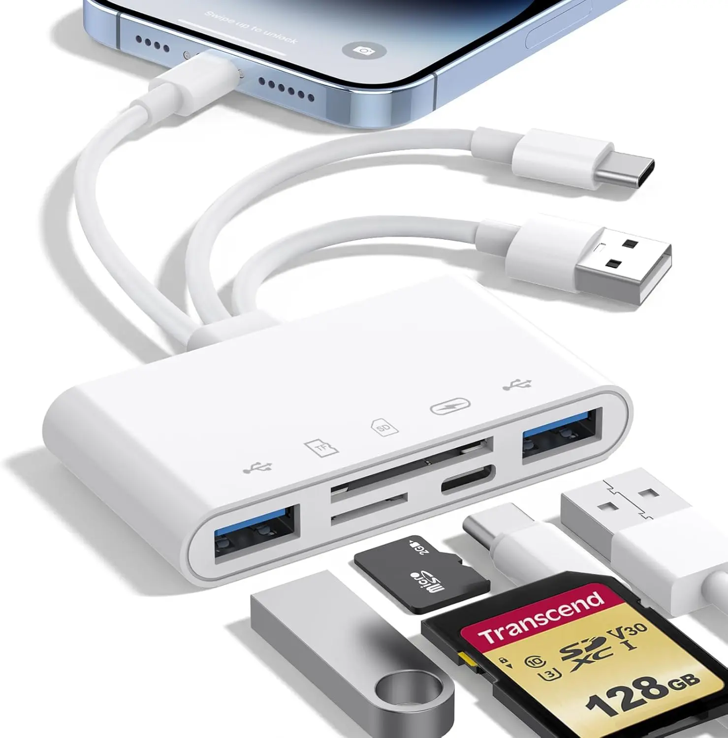5-in-1 Card Reader, USB C/A Dual-Interface Card Reader, Compatible with SD/Micro SD/SDHC/SDXC/MMC, Suitable for iPhone/iPad, Android, MacBook, Plug and Play