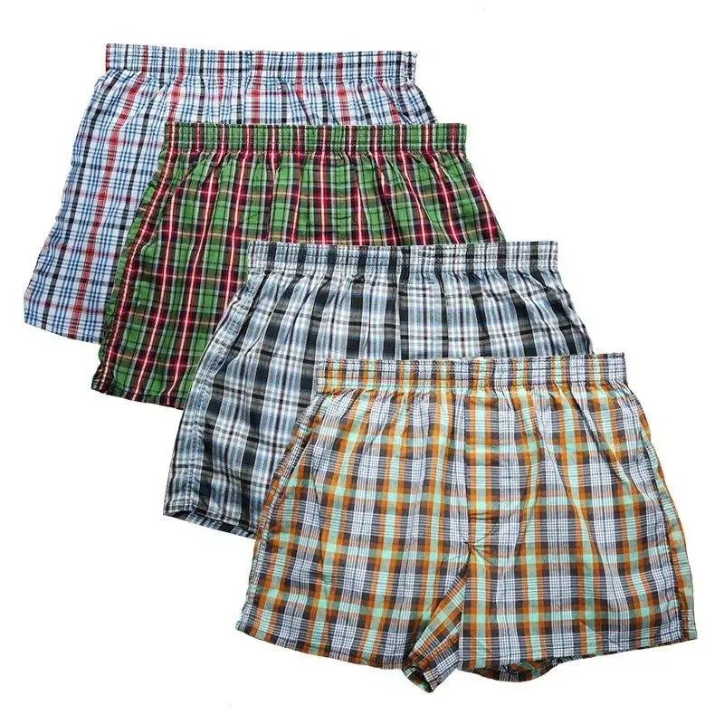 High Quality Brand Men's 4-Pack 100% Combed Woven Cotton Classic Plaid Boxer Shorts, Loose Breathable Oversize Male Underpants, Checked, Menswear