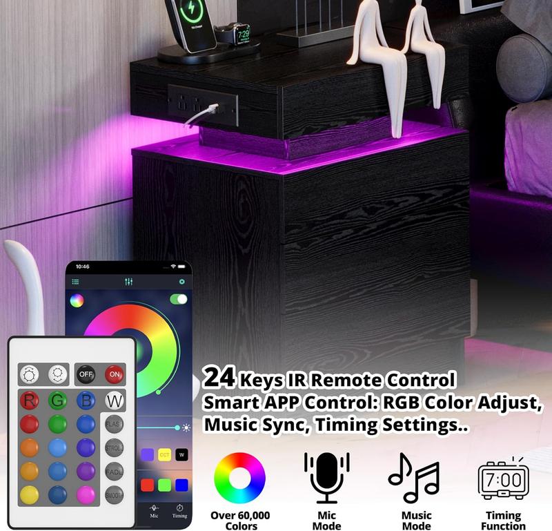 LIKIMIO Night Stand with Charging Station, Modern Nightstand with LED Light and 2 Drawers, Bedside Tables/End Table for Bedroom