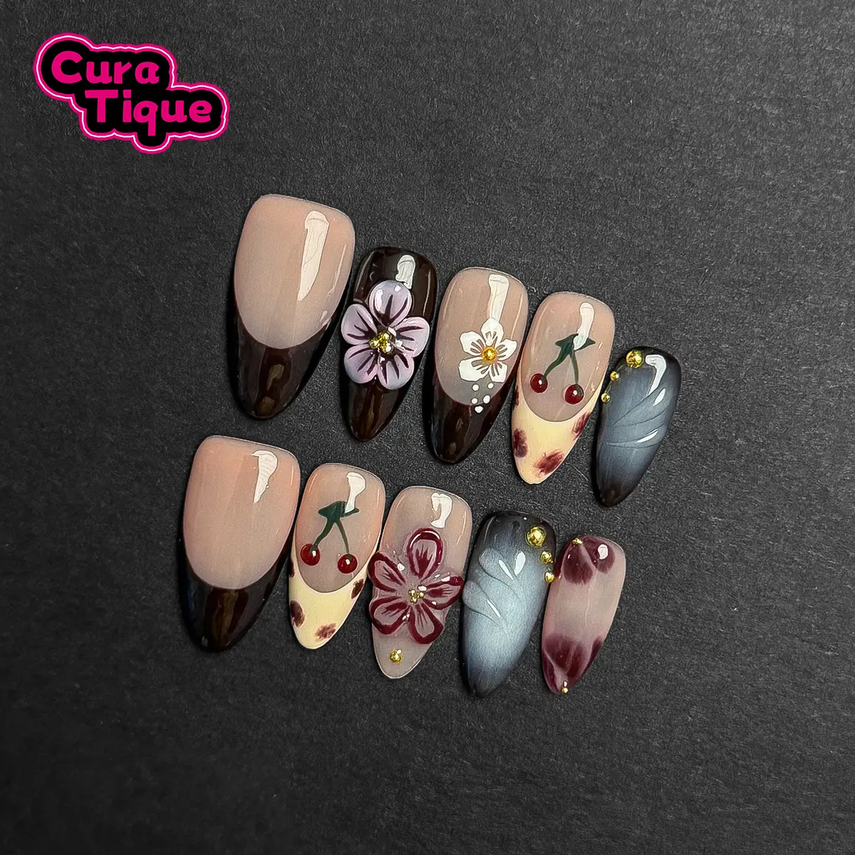 CuraTique | Velvet Cherry Blush 10PCS Handmade Press On Nails REUSABLE 3D Gel spring 2026 / Prom