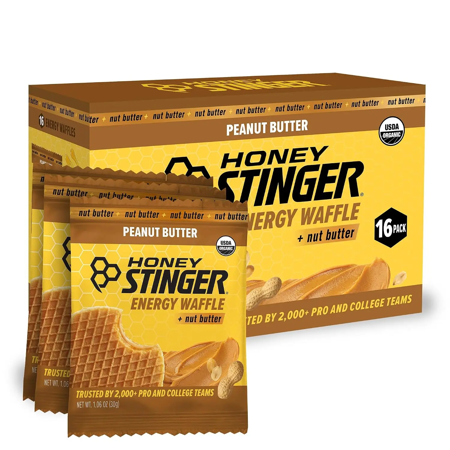Honey Stinger Organic Peanut Butter Waffle Energy Stroopwafel, Sports Nutrition for Pre-Workout Use, 16.96 oz (Pack of 16)