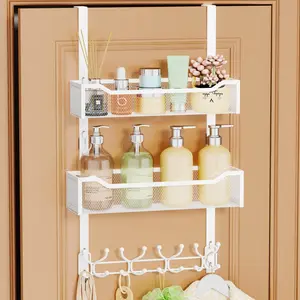 Over The Door Hooks Organizer - Multi-Functional Door Hanger with 16 Hooks & 2 Mesh Baskets, Long Over Door Coat Rack for Bathroom, Bedroom, Living Room, Home Door Storage Organizer