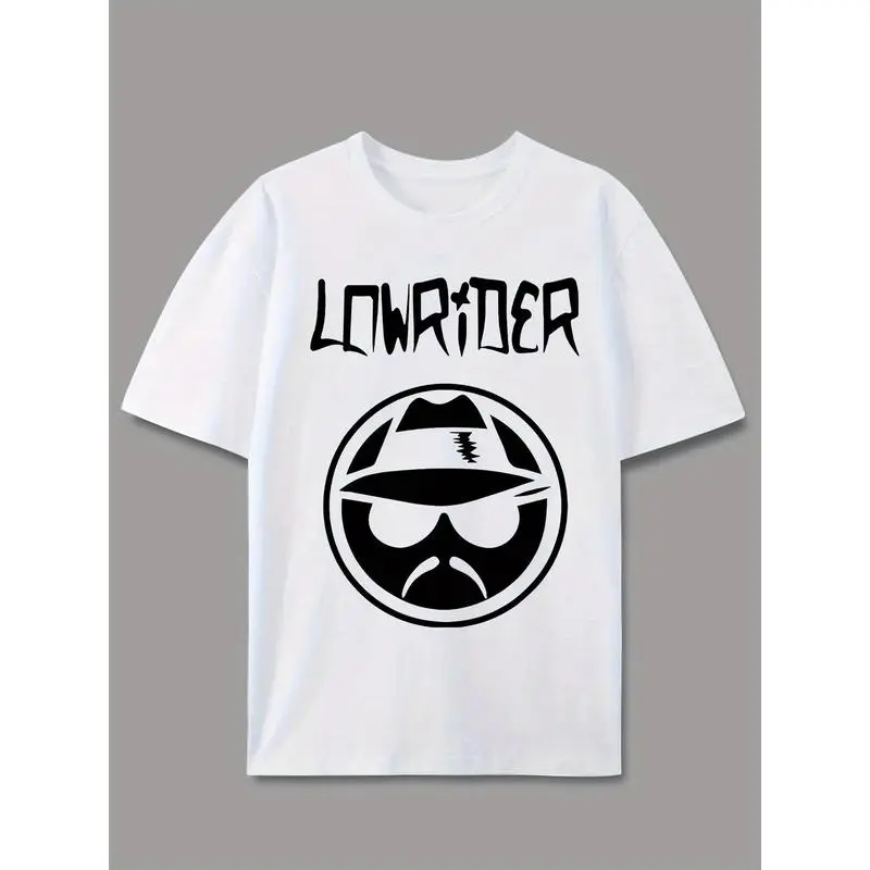 Men's Casual Graphic T-Shirt - Short Sleeve Round Neck Menswear Top with "LOWRIDER" Print, Summer Outdoor Streetwear, White Machine-Washable Casual Outfit, Shortsleeve