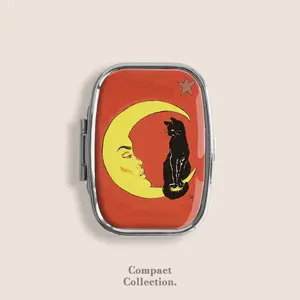 1917 Vintage Black Cat on Moon Small Pill Box Pill Organiser Ring Trinket Stash Medicine Vitamins Gum Tic Tacs Mint Metal Pill Bottle Case Dispenser Holder Travel Size gifts for girl For Boyfriend under 100 dollars