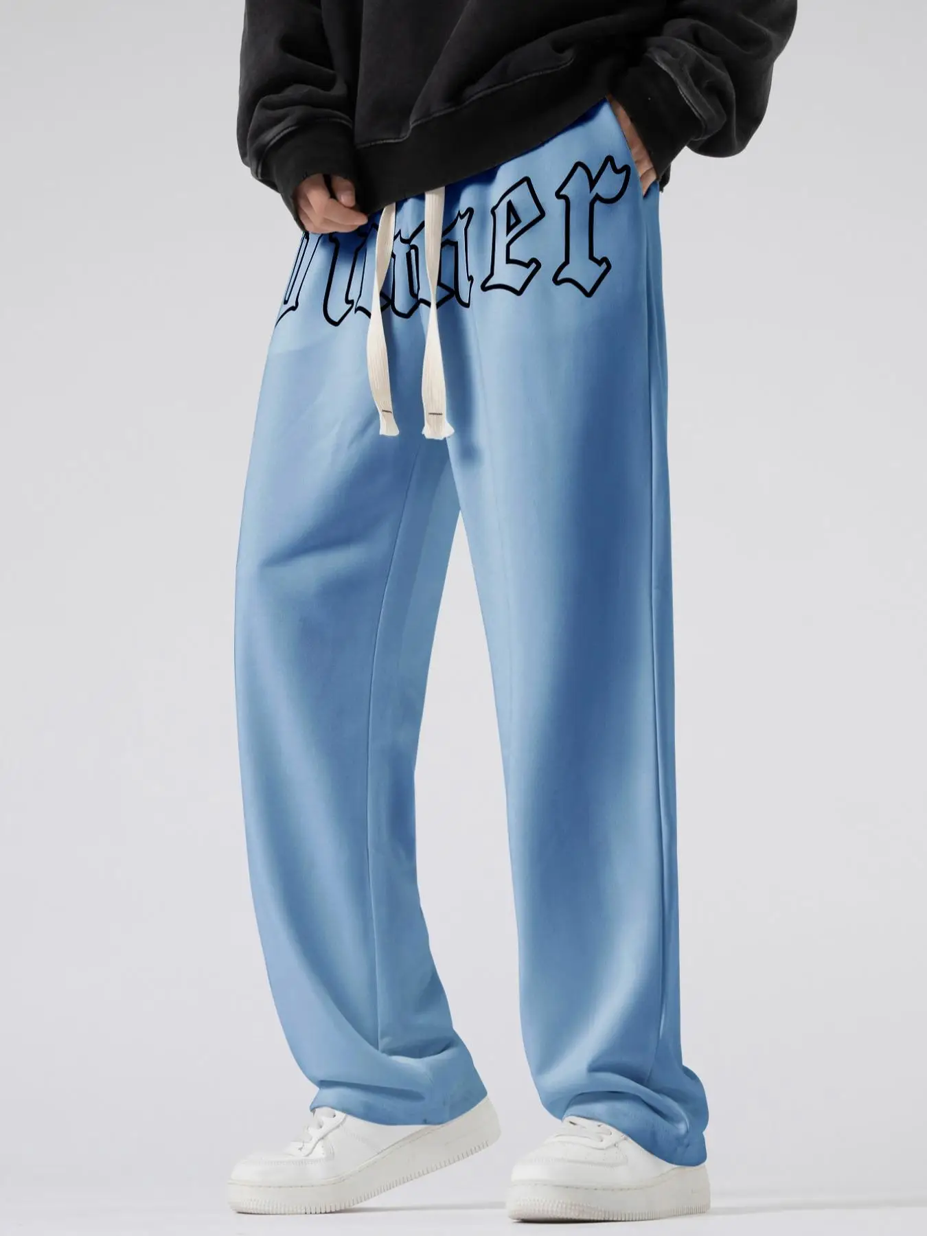 Men's Trendy Letter Print Drawstring Waist Pants, Slant Pocket Straight Leg Sweatpants, Casual Loose Trousers for Fall, Comfy Back To School Outfit, M