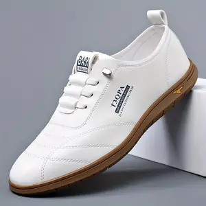 Men's Casual Loafers - White With Brown Embellishments, Durable Non-slip Soles, Elastic Laces, Suitable For Outdoor And Casual Wear Boy Closed Training Sneaker Sports Shoes Trainer Running Runner Athletic Footwear Insoles