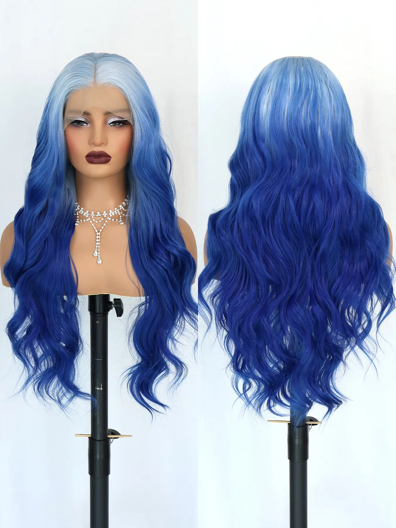 Aodbar hairs Ombre Blue Long Body Wavy Lace Fronta Synthetic Hair HD Transparent Lace Wig Glueless Wig Blonde and Blue Long Wavy Hair Pre Plucked Natural Hairline Heat Resistant Fiber Hair Free Part Wig for Daily Use, Cosplay and  Party