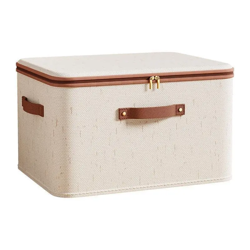 Large Foldable Linen Storage Box with Double Zippers & Faux Leather Handle - Under-Bed Storage Basket, Underbed Storage Boxes Suitable for Clothes, Sheets - Large Capacity Foldable with Lid, Space-Saving for Bedroom Storage Organizer, Dorm, Closet