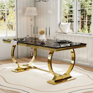 AUZ Modern Dining Room Table with Black Faux Marble and Gold Stainless Steel U-Base