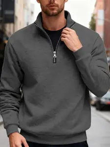 Men's Casual Half-Zip Stand Collar Sweatshirt, Soft Fabric, Warm Fleece Lining, Street Style, Streetwear, Long Sleeve, Fall & Winter